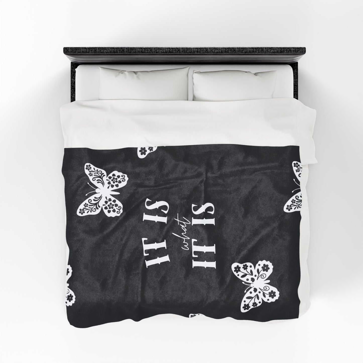 Plush Blanket — "It Is What It Is" Black Butterfly Velveteen Throw