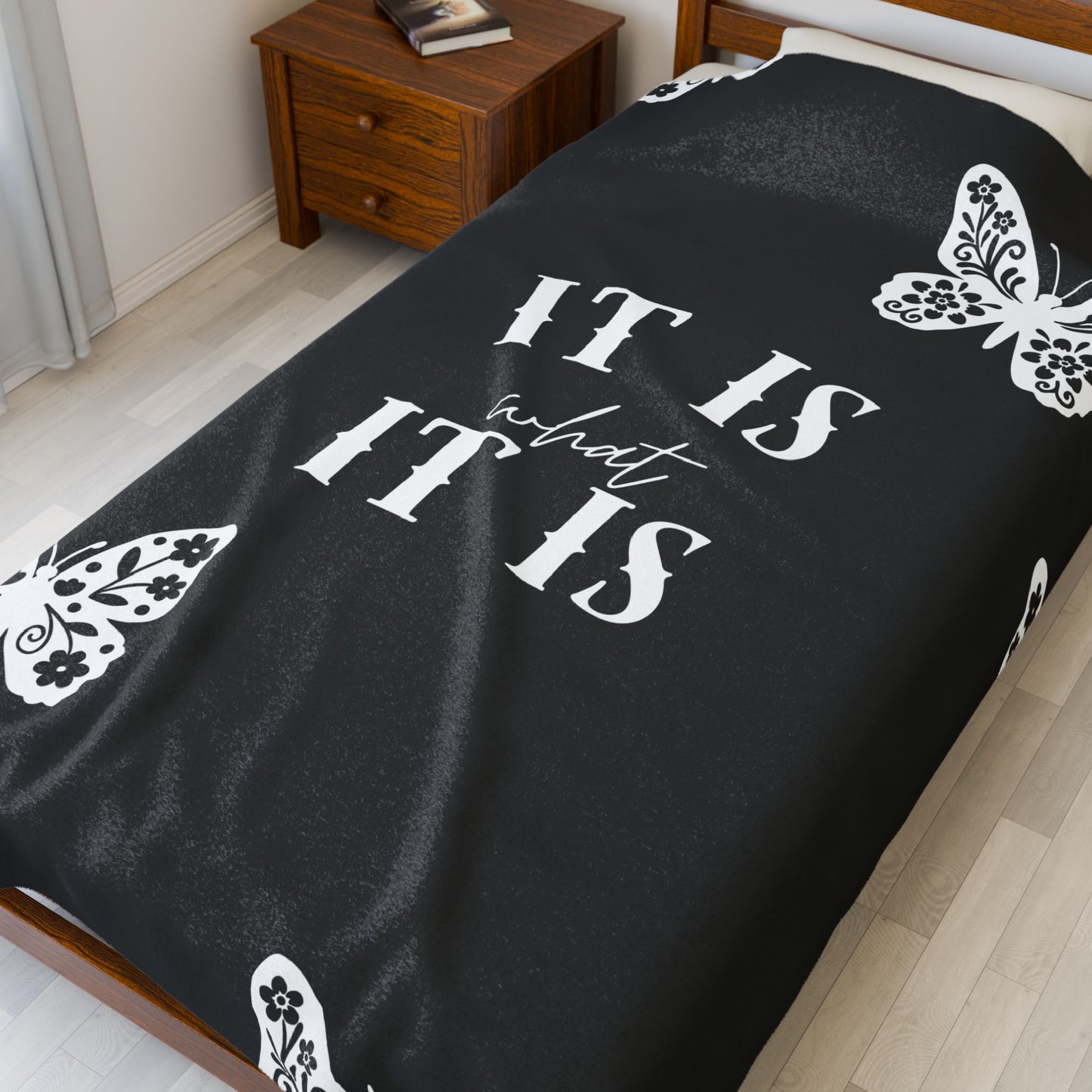 Plush Blanket — "It Is What It Is" Black Butterfly Velveteen Throw