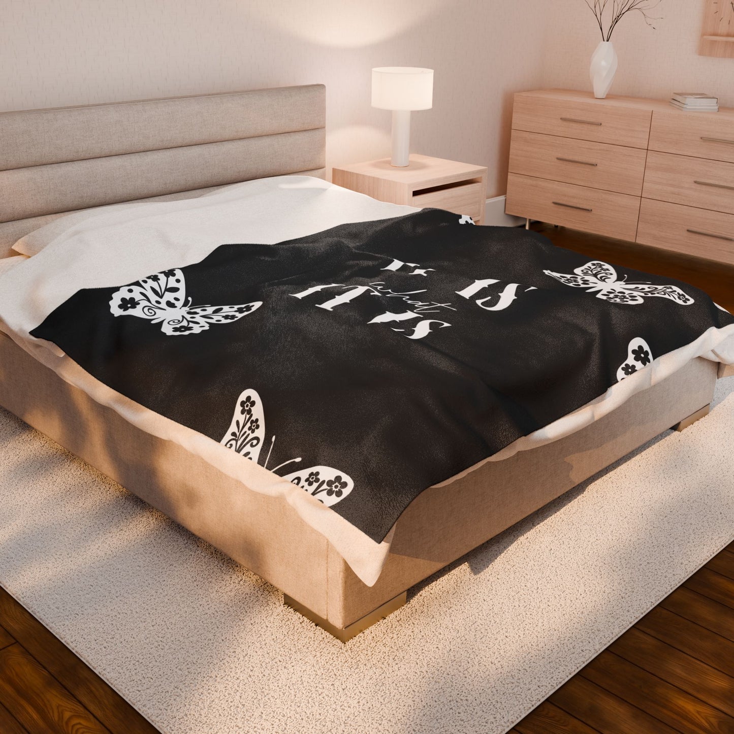Plush Blanket — "It Is What It Is" Black Butterfly Velveteen Throw